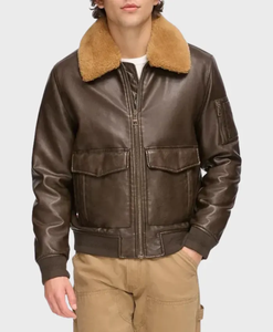 Blouson aviateur en cuir véritable marron pour homme avec col en peau de mouton, blouson de pilote vintage en peau d'agneau de qualité supérieure - Product Image 1
