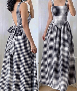 Gingham <b>Maxi</b> <b>Dress</b> Boat Neck Back Bow Vintage <b>Bohemian</b> Y2K Washable Casual ODM 100% Cotton Eco-Friendly Summer Vacation Picnic - Product Image 1