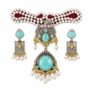 Conjunto de Joyería Hecho a Mano en Plata Oxidada y Latón de Dos Tonos con Perlas - Collar y Aretes con Piedra Estilo Feroza Verde Menta - Product Image 1