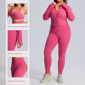Pink Plus Size 2 Piece Yoga Set High Waist Full Length Leggings Long Sleeve Zipper Crop <b>Top</b> Seamless Sportswear - Product Image 2