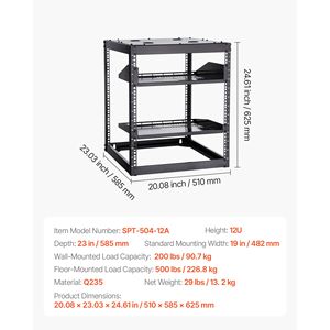 Rack di Rete Open Frame 12U da 23 Pollici di Profondità, Montaggio a Parete/Pavimento, Robusto, a 4 Posti, con Ripiani Ventilati per Data Center - Product Image 4
