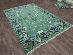 Alfombra Abstracta de Lana Anudada a Mano Estilo Oushak |   Alfombra Decorativa Grande para Sala de Estar, Hecha a Mano, Estilo Vintage, Color Verde Pastel - Product Image 3