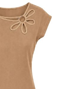 Manufacturer Beige Women Casual Summer Blouse Elegant Flower Neck Short Sleeve Fashion Loose Fit Daily Wear Stylish <b>Top</b> Shirt - Product Image 4