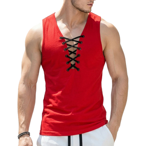 Camiseta sin mangas de streetwear para hombre al por mayor OEM, con logo personalizado, cuello en V con cordones frontales, top casual de verano, camisetas sin mangas a granel para hombre - Product Image 6