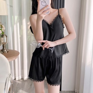 Camisón de Satén para Mujer, Cuello en V, Sin Mangas, con Volantes, Romántico, para Verano, Color Liso - Product Image 1