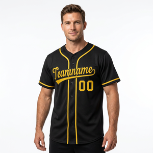 Camiseta de Béisbol Negra Personalizada con Ribete Amarillo, Nombre del Equipo 00 Bordado, Cierre de Botones Delanteros, Unisex, Adulto, Malla de Poliéster - Product Image 2