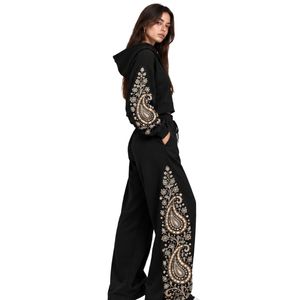 <b>Black</b> Womens Paisley Print Crop Hoodie Wide Leg Pants Two Piece Tracksuit Casual Streetwear Loose Fit <b>Jogger</b> Outfit Set - Product Image 2