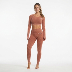 <b>Women</b> Rust Brown Acid Wash Yoga Set Long Sleeve <b>Crop</b> Top High Waist Full Length <b>Leggings</b> Gym Fitness Activewear - Product Image 3