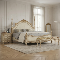 Lit King Size en Bois Massif de Luxe Personnalisé, Lit à Baldaquin Classique Français, Lit Capitonnée pour Suite Présidentielle de Villa ou d'Hôtel, OEM