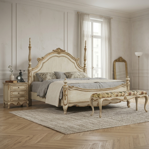Lit King Size en Bois Massif de Luxe Personnalisé, Lit à Baldaquin Classique Français, Lit Capitonnée pour Suite Présidentielle de Villa ou d'Hôtel, OEM - Product Image 1