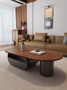 Modern Wooden <b>Coffee</b> <b>Table</b> with <b>Walnut</b> Top Asymmetrical Metal Base and Open Storage for Living Room Home Apartment - Product Image 3