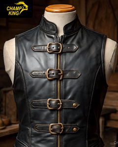 Veste en cuir noir Champ King pour homme avec col montant et fermeture éclair - Product Image 1