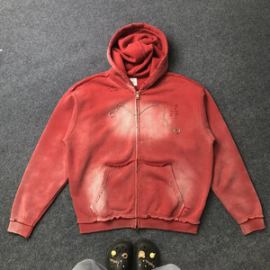 Sudadera con capucha de invierno de algodón 100% de alto gramaje, con cremallera completa, estilo streetwear, con hombros caídos, bordado, parches, lavado ácido y efecto desgastado, personalizada de alta gama. - Product Image 4