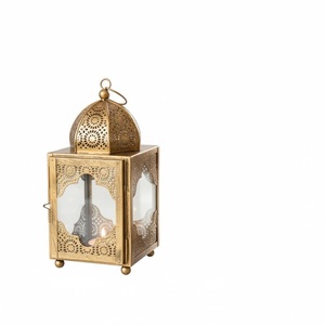 Luxury Gold Metal Candle <b>Lantern</b> with Hammered Roof Finish <b>Large</b> Glass Pillar Candle Holder For Wedding Tabletop Centerpieces - Product Image 4