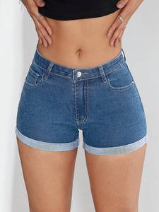 Shorts en jean taille haute pour femme, couleur unie, en coton délavé, décontractés, pour l'été, avec fermeture boutonnée, coupe classique - Product Image 4