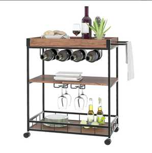 Industrial 3-Tier Bar Cart with Removable Wood Tray Mobile <b>Serving</b> <b>Trolley</b> Wine Rack and Glass Holder for Dining Room Decor - Product Image 5