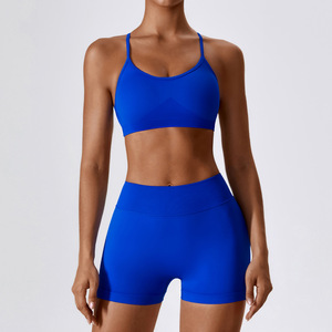 Seamless Women Yoga Sports <b>Bra</b> Set High Waist Shorts Red Medium Support <b>Racerback</b> Scoop Neck Solid Color Fitness Workout Wear - Product Image 5