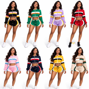 Ensemble 2 pièces OEM pour femme : Haut court zippé à manches longues color block et short taille haute à cordon de serrage – Tenue assortie - Product Image 2