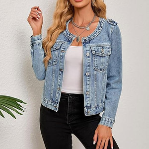 แจ็คเก็ตสำหรับผู้หญิง แจ็คเก็ตยีนส์สไตล์ตะวันตกแบบลำลองแขนยาวติดกระดุมไม่มีปกทันสมัย ชุดคอนเสิร์ตสไตล์คันทรี่ - Product Image 2