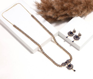 22K Gold Plated Long <b>Blue</b> Sapphire <b>Necklace</b> Set South Indian Haram Bollywood Bridal Jewelry Indian Wedding Jewellery - Product Image 1