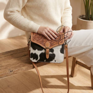 Sac bandoulière vintage en cuir véritable, motif floral, en cuir de vachette, sac à main western en cuir de vache à poils pour femme - Product Image 4