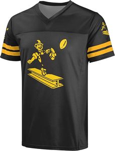 Thopson International Steelers Black V-<b>Neck</b> Polyester Jersey Yellow Mascot Logo Striped Sleeves Quick Dry Machine Embroidered - Product Image 2