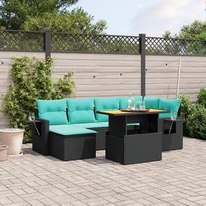 ชุดโซฟาลานบ้านหวายโพลีสีดำ 7 ชิ้นพร้อมเบาะรองนั่ง ชุดสวนสวยหรู - Product Image 1