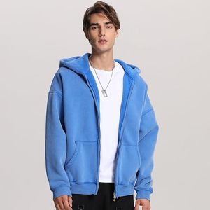 Sweat à capuche unisexe surdimensionné à double fermeture éclair, effet délavé, en molleton de coton épais, style vintage - Product Image 2