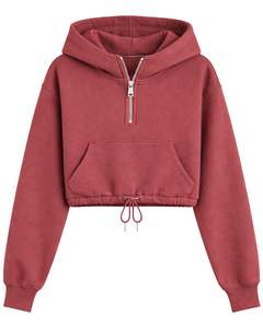 เสื้อฮู้ดครอปสีแดงสนิม ผ้าฟลีซ ซิป ¼  กระเป๋าคางู  ชายเสื้อปรับได้ด้วยเชือกผูก  สไตล์ลำลอง สตรีทแวร์  เสื้อกันหนาวแบบสวมหัวสำหรับผู้หญิง - Product Image 1