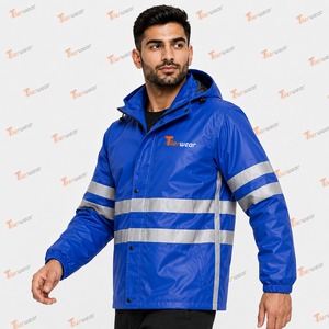 <b>Men's</b> Blue Waterproof Workwear High Visibility <b>Jacket</b> with Hood <b>Reflective</b> Strips for <b>men</b> - Product Image 5