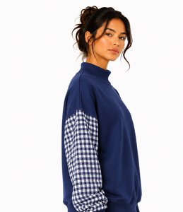 Wholesale Custom Women's Gingham Letter Applique <b>Mock</b> <b>Neck</b> Sweatshirt Patchwork Sleeve Loose Drop Shoulder <b>Top</b> - Product Image 6