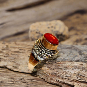 Anillo de Coral Rojo con Piedras Preciosas Creadas en Laboratorio, Hecho a Mano, Étnico, en Oferta, Regalo para Mujer, Personalizado para Fiestas, Chapado en Oro de 18K, Plata 925, OEM - Product Image 1