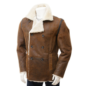 Men's <b>Brown</b> Genuine <b>Leather</b> Waterproof Breathable Eco-Friendly Moto <b>Jacket</b> Stand Collar Zipper Closure Slim Fit Winter Wear - Product Image 2