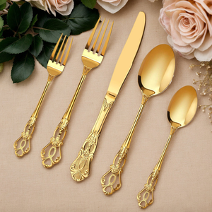 Ensemble de couverts de luxe en acier inoxydable doré, finition miroir, couteau, fourchette, cuillère, vaisselle, couverts pour mariage, fête, à prix abordables - Product Image 1