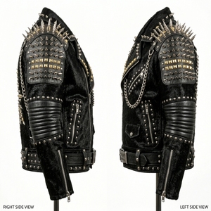 Wholesale Custom Men Studded Punk <b>Leather</b> <b>Jacket</b> Manufacturer Heavy Metal Spikes Rockstar Genuine Cow Hide Fur Biker Coat - Product Image 3
