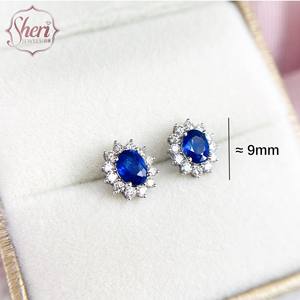 Pendientes de Diamantes y Zafiros Estilo Diana con Halo Clásico Ovalado en Oro Blanco Sólido de 18K para Mujer, de Sheri Jewels - Regalo de Aniversario - Product Image 2