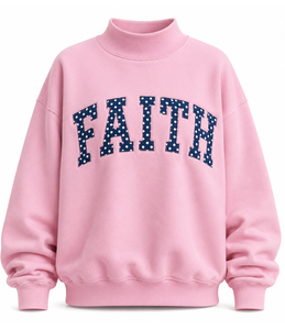 เสื้อสเวตเตอร์คอเต่าสีชมพูสำหรับผู้หญิง ลายปักตัวอักษร Faith ดีไซน์เก๋ ผลิตจากผ้าฝ้ายถัก 100% เหมาะสำหรับใส่ในฤดูใบไม้ร่วง - Product Image 1