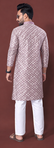 Kurta en coton imprimé numérique pour homme avec pantalon blanc, tenue traditionnelle décontractée, longueur cheville, coupe régulière, style Inde Pakistan - Product Image 3