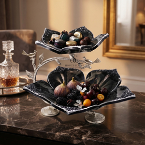 Luxury 2-Tier Flower Metal Fruit Bowl <b>Stand</b>, Black Enamel Pastry Serving Tray With Silver <b>Birds</b> Branch Base For Tabletop Buffet - Product Image 1