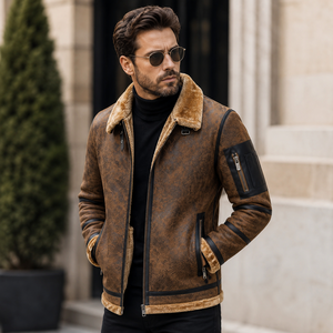 Custom Men's Cowhide <b>Leather</b> Vintage Aviator Bomber <b>Jacket</b> with Faux Fur Lined Collar Windproof Breathable Luxury <b>Winter</b> OEM - Product Image 4