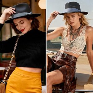 Black Wool Felt Fedora <b>Hat</b> Ribbon <b>Band</b> Adjustable Wide Brim Unisex Classic Style for Party Outdoor Travel - Product Image 6