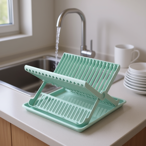 Scolapiatti pieghevole in plastica con vassoio per piatti e utensili da cucina, design moderno e minimalista - Product Image 3