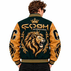 Veste varsity verte pour homme, manches en cuir doré, lion brodé, col montant, boutons pression, style hip-hop, veste d'hiver, logo personnalisé - Product Image 2