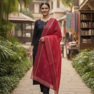 Elegante Conjunto de Kurti Negro de Algodón Puro con Estampado a Mano, Dupatta de Algodón Mul Rojo y Adornos de Espejo - Product Image 1