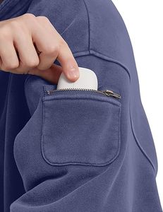 Sweat-shirt oversize en molleton bouclette 100 % coton, personnalisé avec logo brodé, style streetwear, coupe américaine, effet délavé et vieilli, demi-zip - Product Image 2