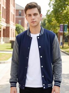 Chaqueta Varsity Blanca y Azul Marino para Hombre, Estilo Preppy, Corte Regular, Cierre de Botones, Cuello Camisero, Color Sólido, Exterior de Poliéster y Algodón - Product Image 4