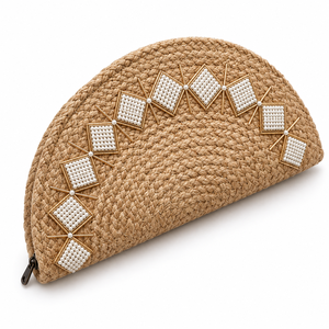 Sac à main demi-lune en jute personnalisable et écologique pour femme, 15x7 pouces, avec perles géométriques et garniture dorée, impression sérigraphique promotionnelle - Product Image 2