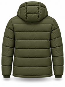 Men's Olive Green Hooded Puffer <b>Jacket</b> Waterproof Quick Dry Front Windproof Zipper Closure 100% Polyester Winter <b>Casual</b> Coat - Product Image 2