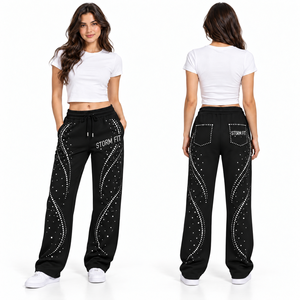 Pantalones Cargo de Pierna Ancha Azul Claro para Mujer con Pedrería Blanca, Cintura con Cordón, Ajuste Regular, Largos, Casuales, de Forro Polar Ecológico - Product Image 6