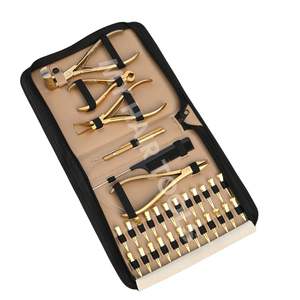 Kit de pinces professionnelles pour extensions capillaires en acier inoxydable doré, avec pince à sertir plate, pince à bandes adhésives, peigne, crochet à boucles et pince de retrait de perles - Product Image 1